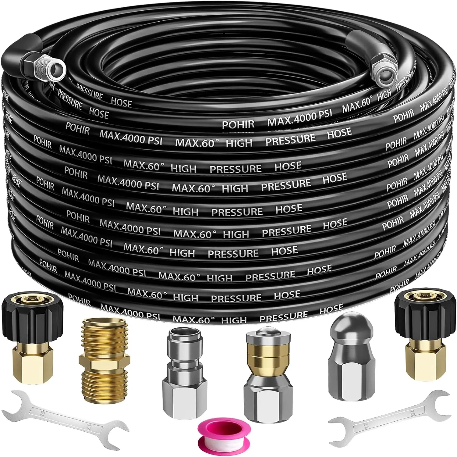 Sewer Jetter Kit, Heavy Duty Cleaning 4000 PSI Hydro Drain Jetter Hose with 1/4 Female NPT, Button Nose Nozzle, Rotating Sewer Jet Nozzle, Pressure Washer Adapter, Pressure Washer Accessories