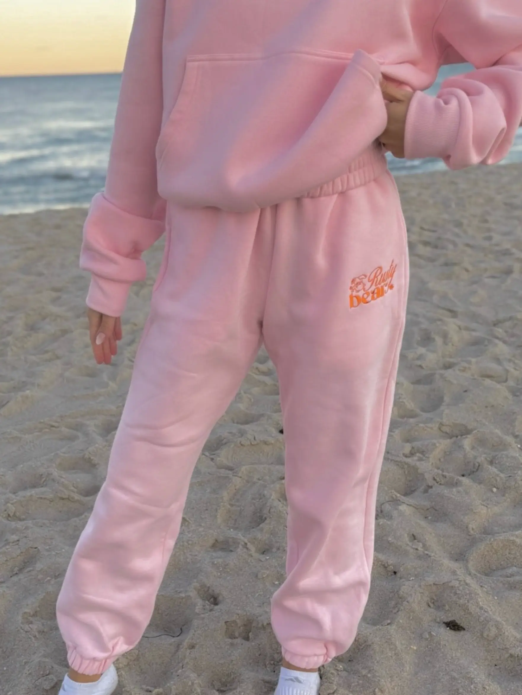 Pink & Orange Embroidered Sweatpants with Pockets, Folder Waistband, Thick Jogger Sweats