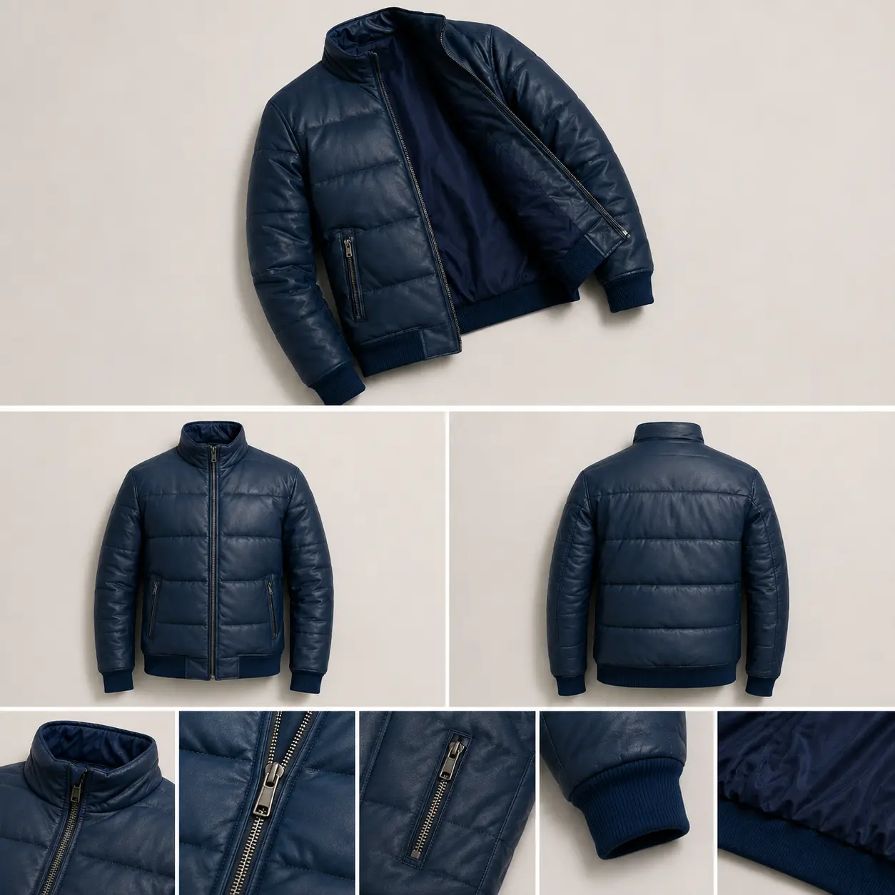Men's Navy Blue Leather Ribbed Zipper Puffer Coat, Casual Menswear Outerwear