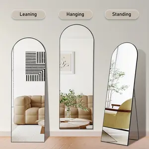 Modern Arched Full-Length Mirror with Aluminum Frame - Can Be Freestanding or Wall-Mounted, Oval Shape, Vertical Hanging, Smooth Black Frame, Suitable for Living Room, Bedroom or Cloakroom Decoration