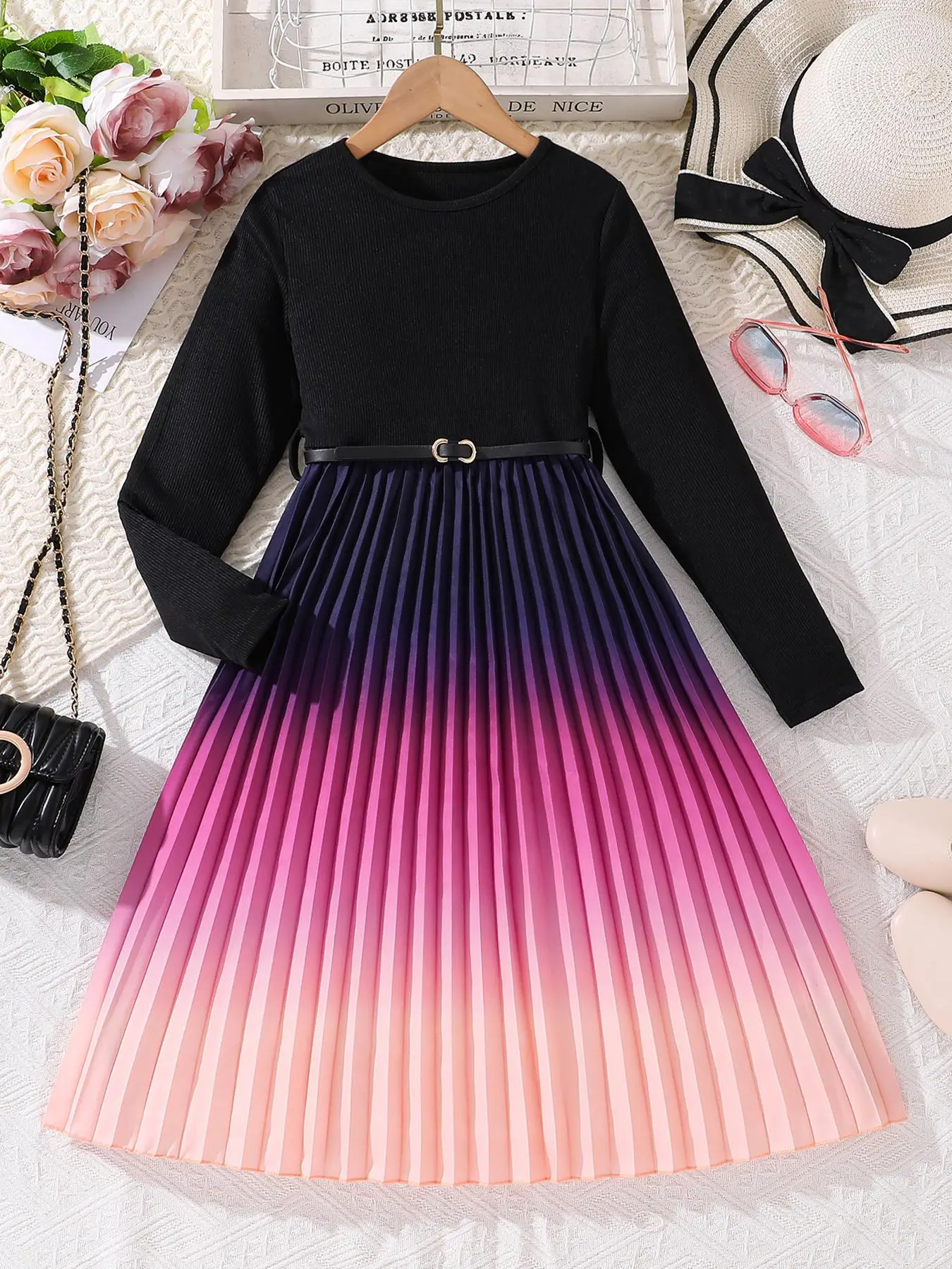Girl's Ombre Pleated Belted Ribbed Dress, Elegant Long Sleeve Round Neck A Line Dress for Party Holiday Wedding Guest, Kids Fall & Winter Clothes