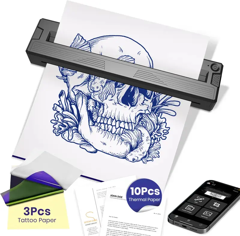 Wireless Bluetooth Thermal Tattoo Stencil Printer – Lightweight 1lb, Inkless Thermal Printing, Portable for Beginners & Pros, Compatible with iPhone/Android/iPad