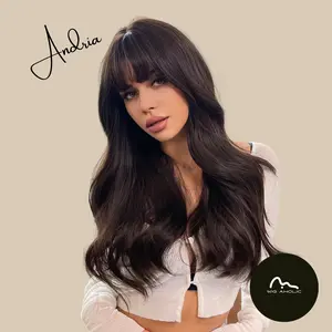 ANDRIA【WA-LA226-2】24 inches Synthetic Brown Wig With Bangs Natural Wave Wigs Dark Brown Wigs Daily