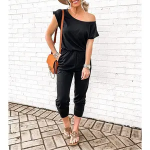 Women's jumpsuit, one-shoulder, elastic short-sleeve, elastic waist, loose, simple and comfortable clothing, casual outdoor lightweight jumpsuit