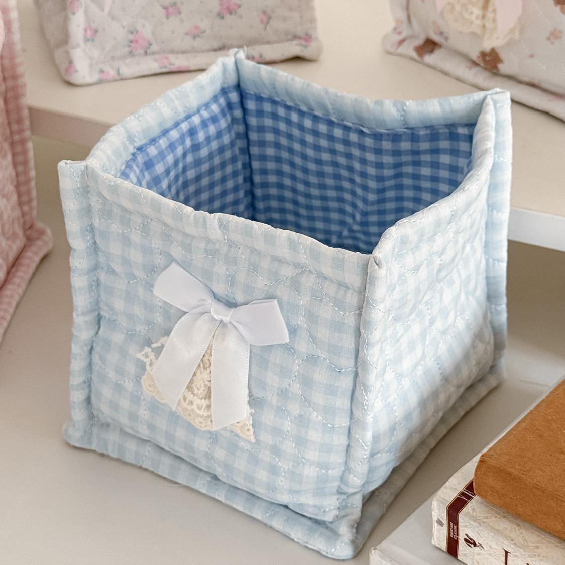 Bow stitched desktop storage box, small bear floral fabric storage basket, girly cosmetics organizer