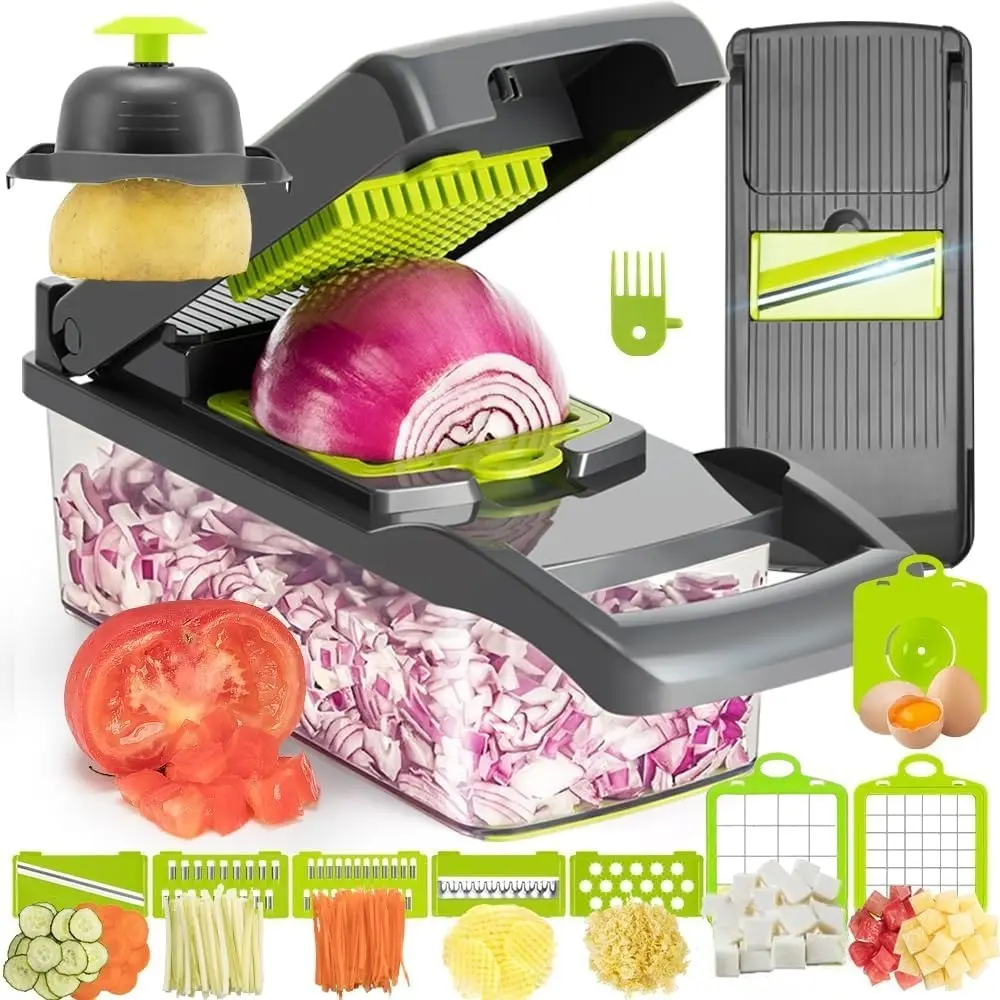 MIUVA Multipurpose Chopper with Container 12pcs/set Fruits & Vegetable Cutter Grater Peeler Chipser Multifunctional Vegetable Cutting Device for Kitchen Durable Dicer Chopper Tableware Sets Stock Up Value Pack Valentine's Day gift Christmas Gift