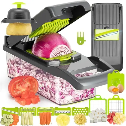 MIUVA 12-Piece Multifunctional 420 Steel Blade Veggie Chopper Set - Quick Change Kitchen Gadget with Container, Slices Dices Shreds Strainers, Covers Daily Prep Needs, Peeler Grater Durable Christmas Gift Utensil