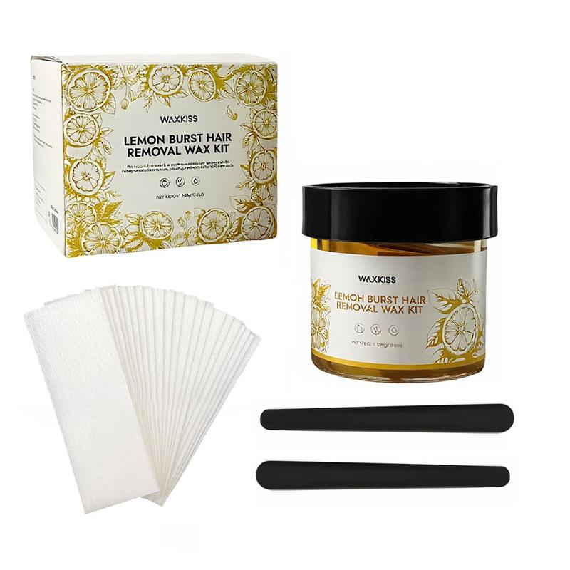 Waxkiss Lemon Burst Hair Removal Wax Kit 10.6oz/300g with 12 Strips & 2 Sticks for Face Eyebrow Body Legs Arms Bikini Back Sensitive Skin All Types