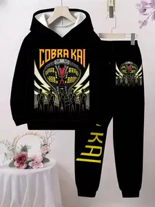Boys' Cobra Kai Theme Creative Print Hoodie Set, Casual Fitted Short Pants, 3D Full-Print, Perfect for Outdoor Activities