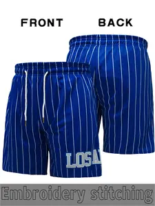 Men's Los Angeles Retro baseball shorts, Lightweight athletic shorts, Embroidered blue and white vertical stripe sports pants, breathable and comfortable fabric with drawstring design, suitable for game training, daily leisure, fitness