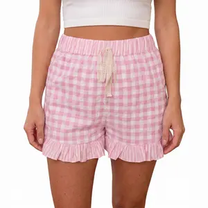Women's Pink Gingham Shorts High Waisted Lounge Shorts Ruffle Hem Summer Casual Pajama Shorts with Lace Tie