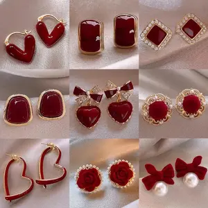Heart Shape, Flower ..Red Ear Clip wine Red Autumn /winter earrings new Year set of 9 different style same color