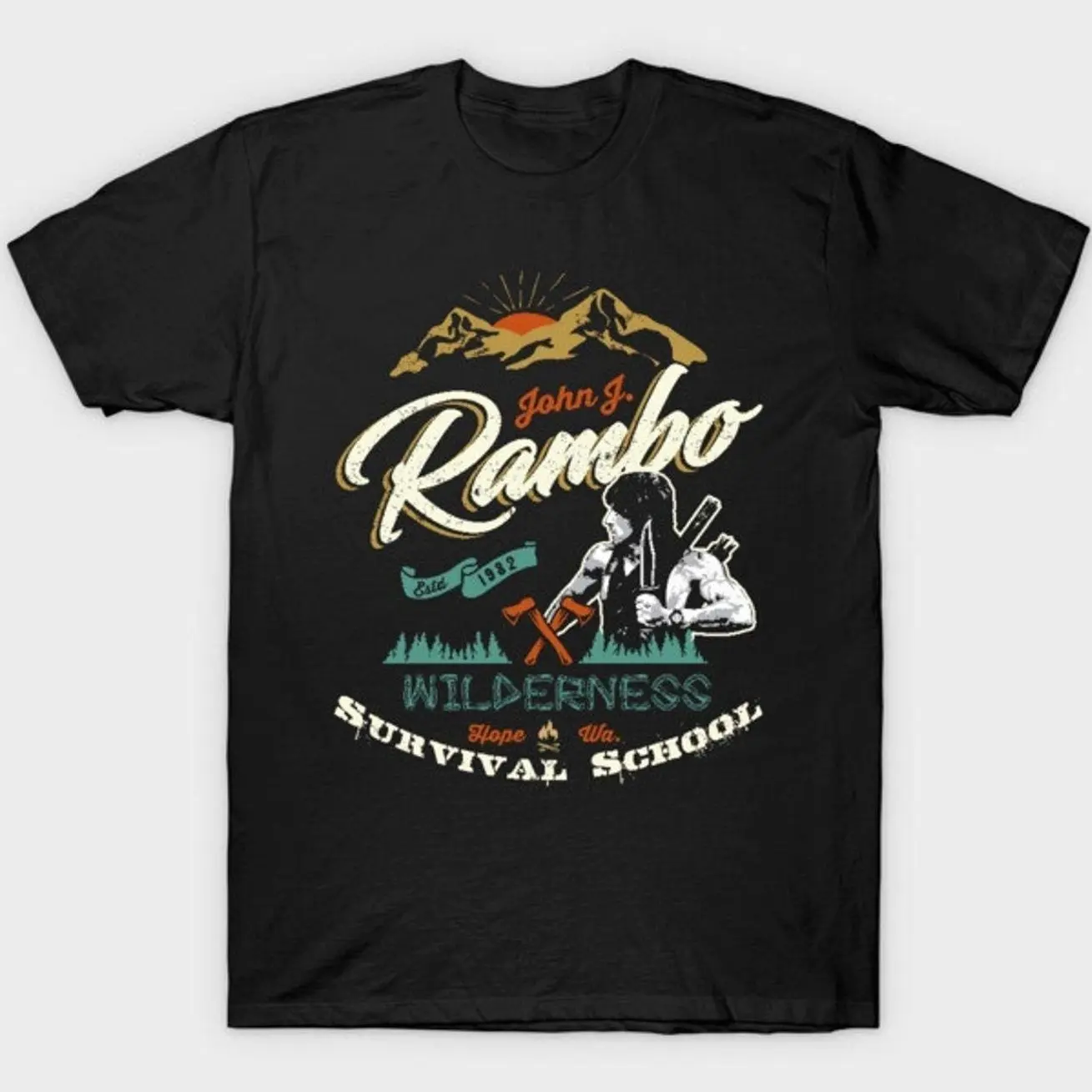 Rambo Wilderness Survival School Vintage Action Movie Graphic T-Shirt, Retro Fan Apparel Tee 74C Y46