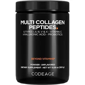 Codeage Multi Collagen Peptides Powder with Probiotics, Vitamin C & Hyaluronic Acid, Grass-Fed Hydrolyzed Types I II III V X, Zero Carbs, Unflavored, 10.58 Oz