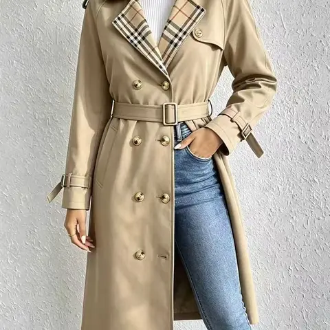 SohoChic women’s British-style open-front trench coat, long length with double-breasted design, featuring a lapel collar, plaid lining, and belt—an elegant outerwear piece suitable for the office, travel, and dates—loose fit; order one size down.