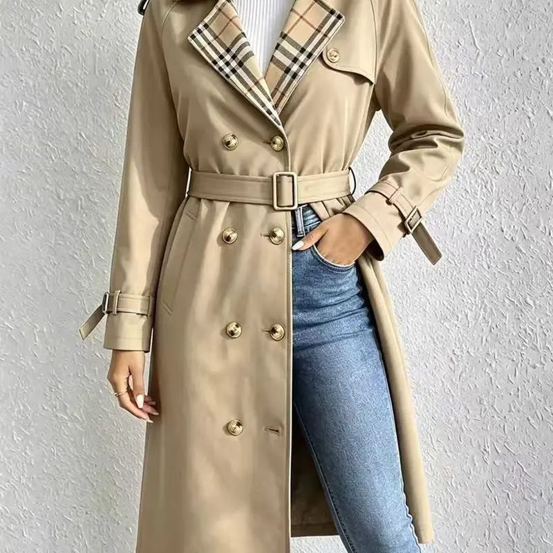 SohoChic women’s British-style open-front trench coat, long length with double-breasted design, featuring a lapel collar, plaid lining, and belt—an elegant outerwear piece suitable for the office, travel, and dates—loose fit; order one size down.
