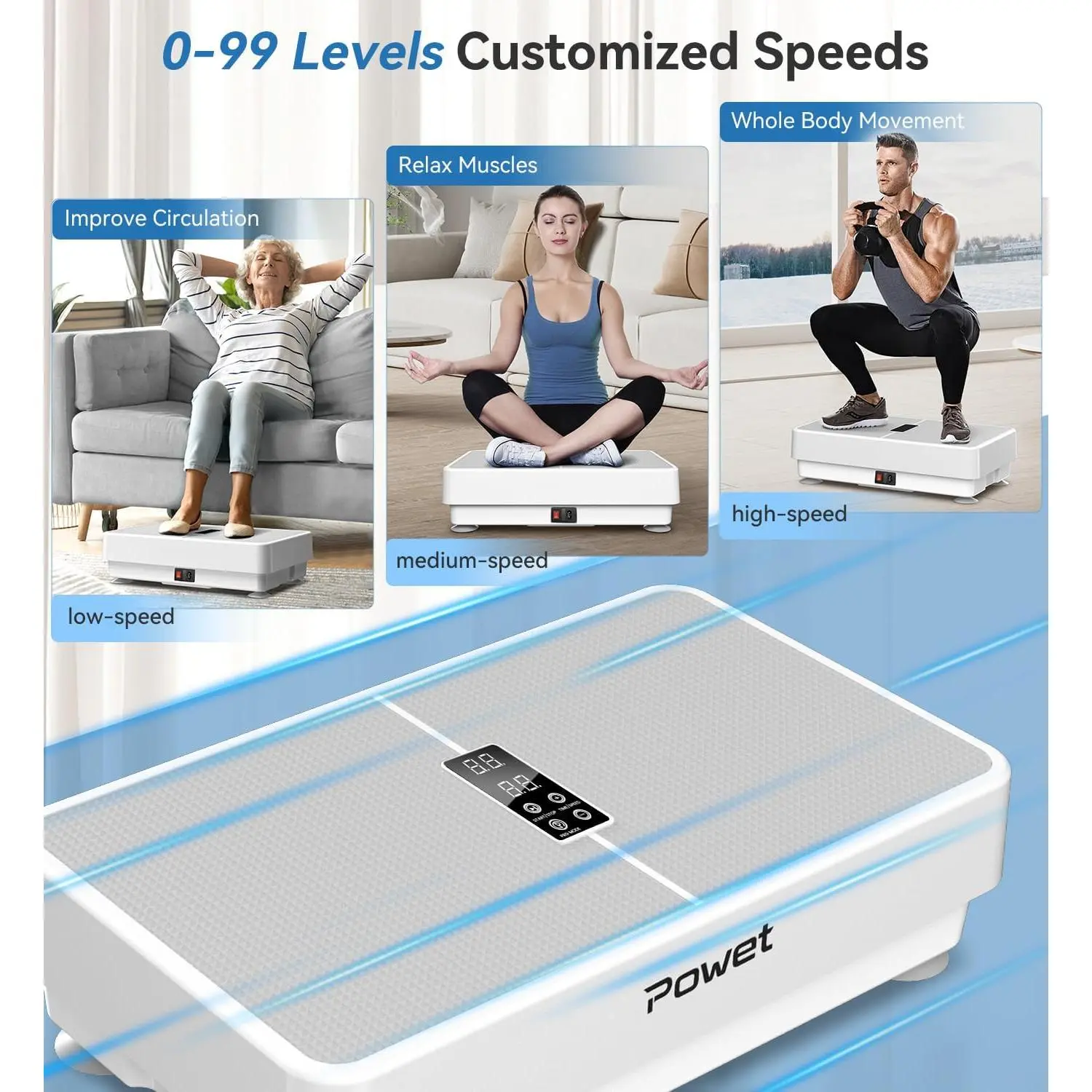 POWET Vibration Plate Exercise Machine for Weight Loss, Woukout & Lymphatic Drainage – Whole Body Vibrating with 99 Speed Levels & 5 Pre-Set Modes – Supports Up to 400lbs, Ideal for Home Use