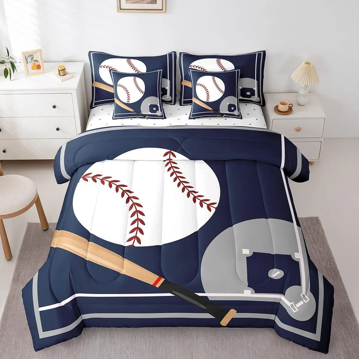 Feelyou 7-Piece Sports Themed Baseball Bedding Set for Boys - Soft Blanket Bedding Set with Breathable Fitted Sheet, Breathable Flat Sheet, Pillowcases, and Shams, Breathable Sheets