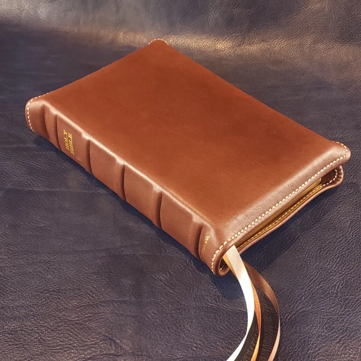 Brown Nappa Sheepskin Leather Bible with Tan Perimeter Stitching and 3 Ribbons