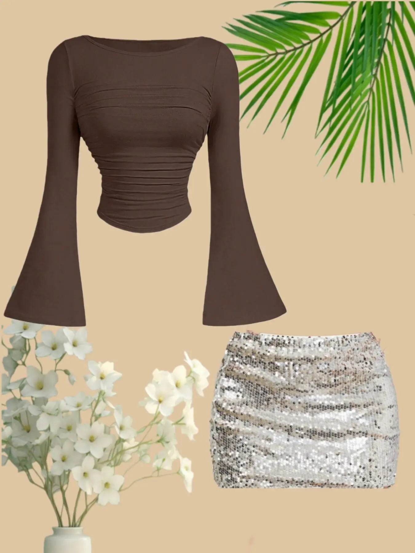 Spring Fall Fashion Big Round Neck Solid Color Slimming Flared Long Sleeve Top Sequins Bodycon Half Skirt Set