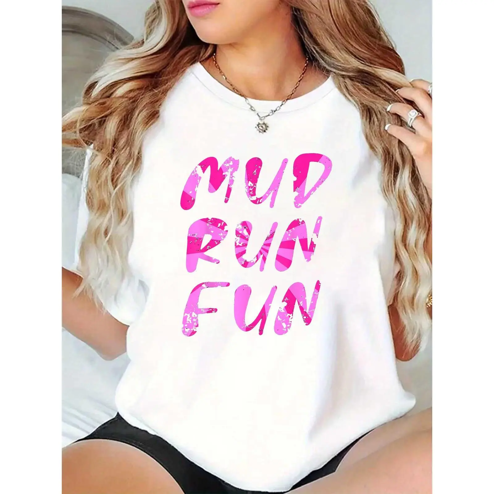 Women's 100% Cotton White Round Neck Crew Neck T-Shirt - Lightweight, Breathable, Comfortable Fit Top with Pink "MUD RUN FUN" Graphic for Casual Outdoor Mud Run Events (Women's Casual Clothes), Outdoors, Logo, Pure Cotton, Sports Logo Women's T-Shirts, Te