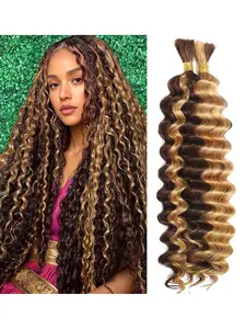 Boho Style Human Braiding Hair, 2 Bundles-Pack 100g, 20-Inch Brazilian Hair for Braiding & Deep Wave, 4/27 Highlight Ombre Curly Knotless