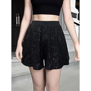 [Glittery Sequin Shorts] Casual Elegance Women's High-Waisted Glittery Sequin Shorts - Pure Black Shiny Shorts, Elastic Waist Fit for Spring Summer Fall, Party & Casual Wear, Hand Wash Only, Seasonal Fashion, Easycare Clothing