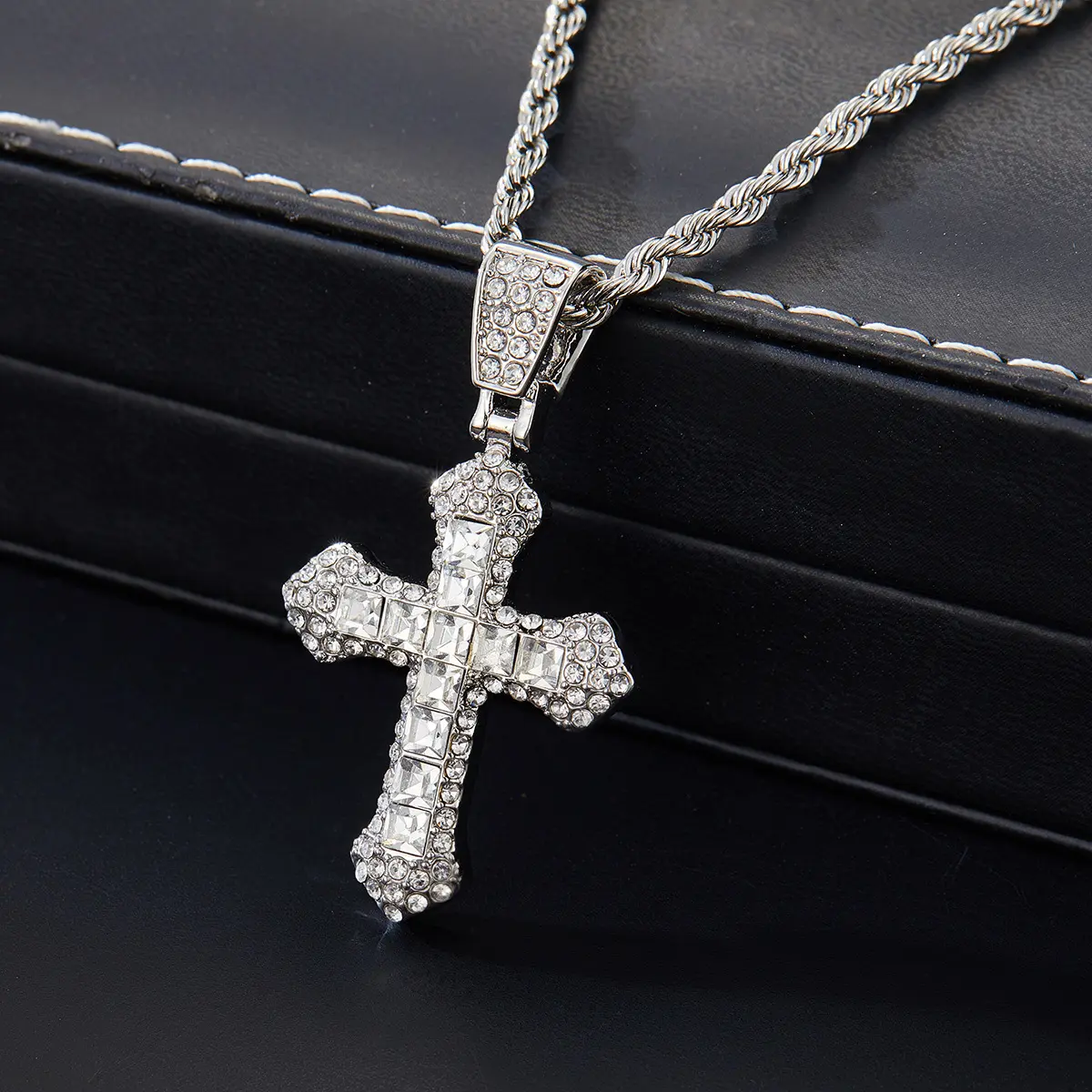 Silver white diamond cross necklace