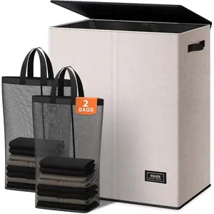 Large Laundry Hamper with Lid, Collapsible Clothes Hamper 2 section with Removable Bags,-Saving Laundry Basket for Bedroom, Dorm, College