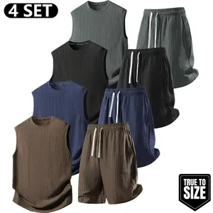 Men's Waffle Knit Lounge Set, Sleeveless Tank Top & Drawstring Shorts, Breathable Casual Sportswear, Relaxed Fit Summer Outfit, Comfortable Athletic Leisure Wear