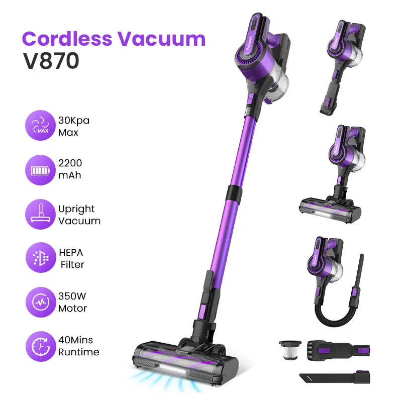 V870 Cordless Vacuum Cleaner, 30Kpa 350W Powerful Suction, 8-in-1 Self-Standing Rechargeable Vacuum with Flexible Hose, Up to 40mins Runtime for Hard floor Low Pile Carpet