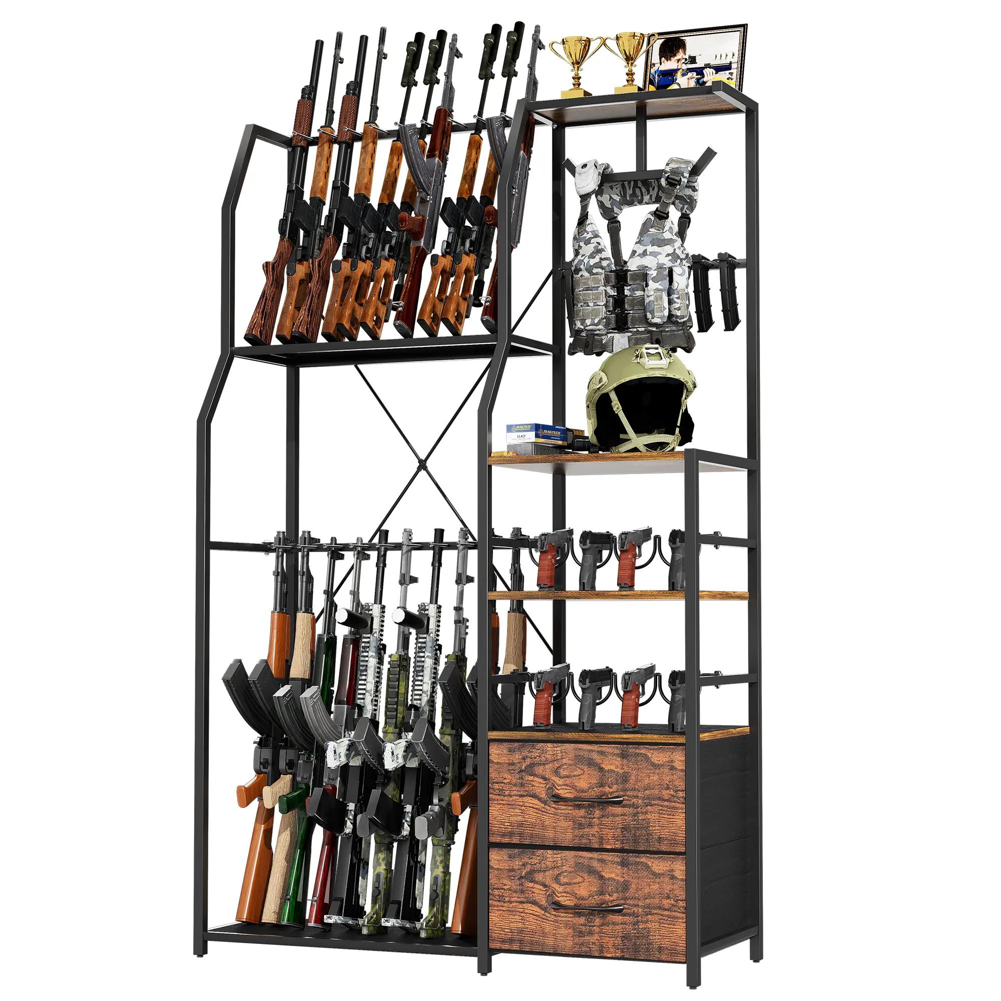 Heavy-Duty Metal 20in Long Gun Floor Organiser - Black Metal Racks & Displays, High Strength Racks & Displays, 2 Drawer Storage, Holds 8 Handguns, 7 Mags, Vest, Gear, Adjustable, Durable, Anti-Tip Straps, Ammo/Helmet Table, Home Storage for Enthusiasts