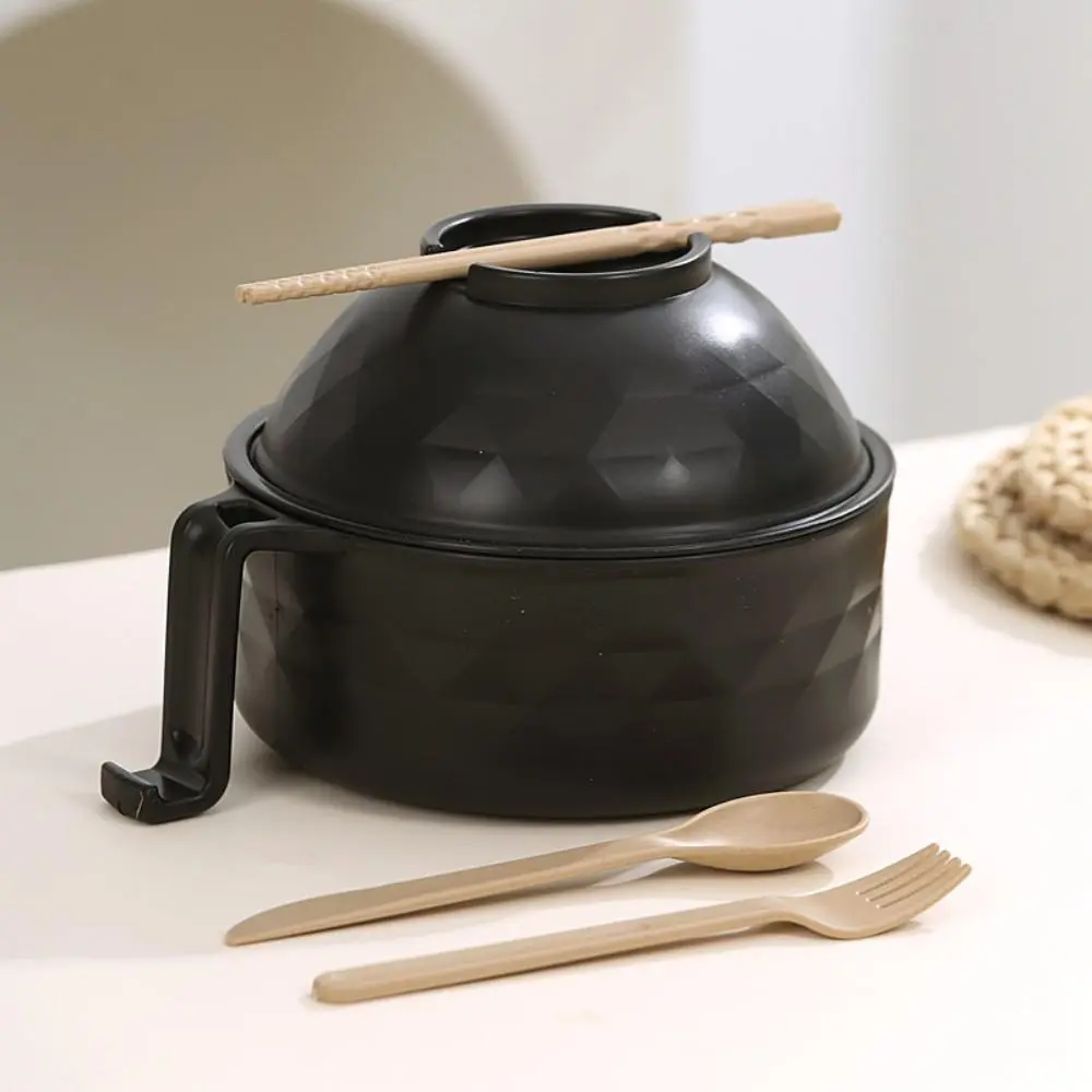 Eco Recyclable Wheat Straw Noodle Cooker, Microwavable Stackable Bowl with Spoon Fork Chopsticks Combination(Top bowl-Black）