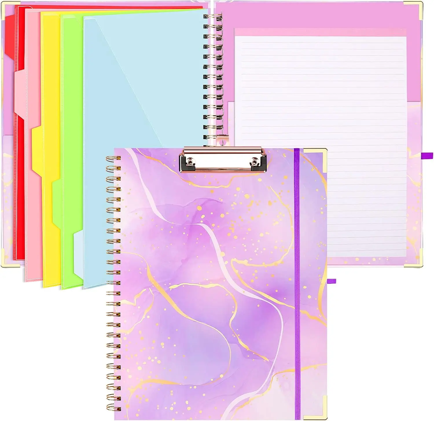 Spiral Clipboard Folio with Refillable Notepad, Cute Clipboard Folder, 5 Dividers with Storage 10 Pockets, Versatile Clipfolio, Hardcover Clipboards Notebook for School Office