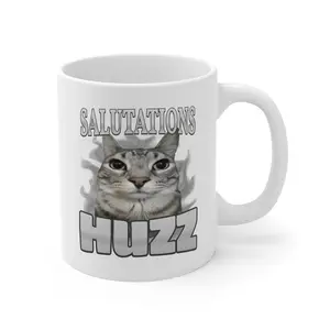 Whimsical Cat Mug 'Salutations Huzz' Design 11Oz Ceramic Coffee Cup for Cat Lovers Stylish Reusable Drinkware with C-handle and Rounded Corners Perfect for Birthdays and Everyday Use