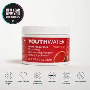 YOUTHWATER NAD+ Electrolyte Powder - Boost NAD+ by 27% | Debloat & Cellular Hydration | Longevity Support | B12, Magnesium, Thiamine | Watermelon, Dragonfruit, Cucumber Flavor | 30 Servings