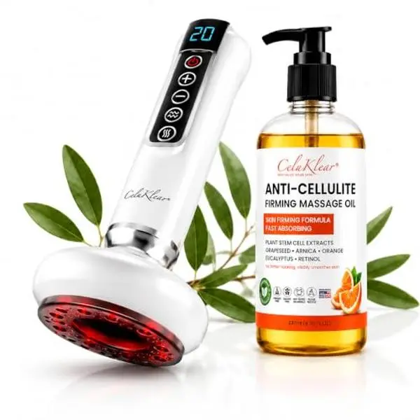 NuFlair CeluKlear Adjustable Cordless 3-in-1 Electric Vacuum Cupping Massager with 8 fl oz Massage Oil - Beauty & Personal Care Body Massage Bundle
