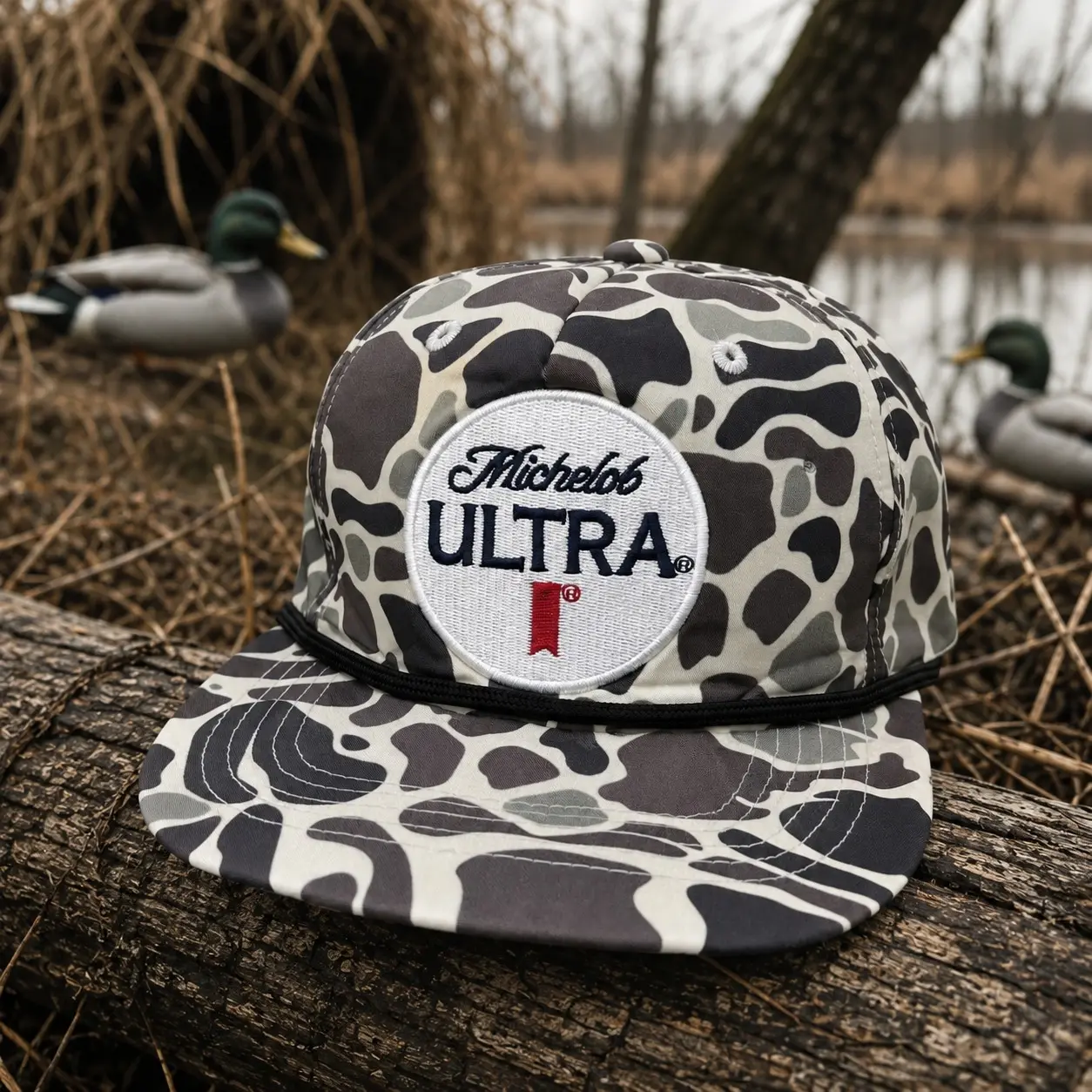 Retro MICHELOBB ULTRA Camo Patch Snapback Hat, Vintage Duck Camouflage Rope Cap, Flat Bill Hunting Hat for Men, Outdoor Gift