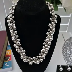 Glamorous Cluster Bead Necklace with Stud Earrings - Silver Color