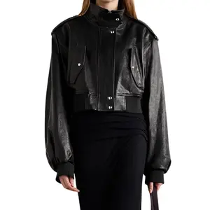 Ayra Cropped Leather Bomber Jacket
