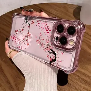 Electroplated Four Corner Anti-Fall Cherry Blossom Flower Pattern Phone Case,phone Case Suitable for Iphone 11/12/13/14/15/16/17 Pro Promax Plus Air and Samsung S22/S23/S24/S25 Plus Ultra Fe,Shockproof Transparent Protective Cover