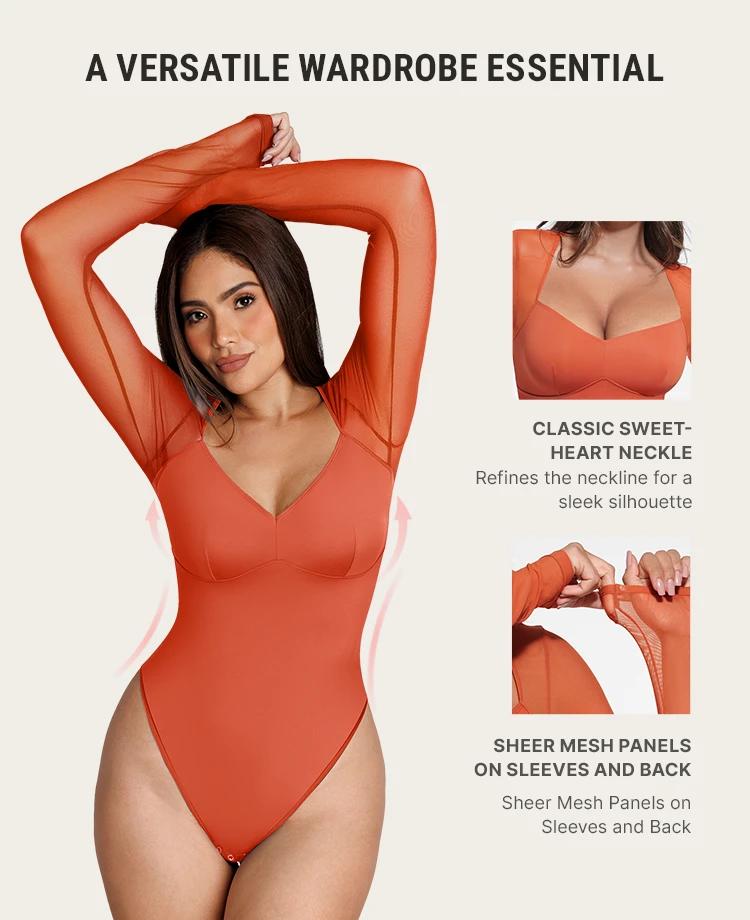 FeelinGirl Women's Mesh Bodysuit Fitted Chic Basic Medium Length Long Sleeve Top & Comfortable Underwear for Fall SummerVibes