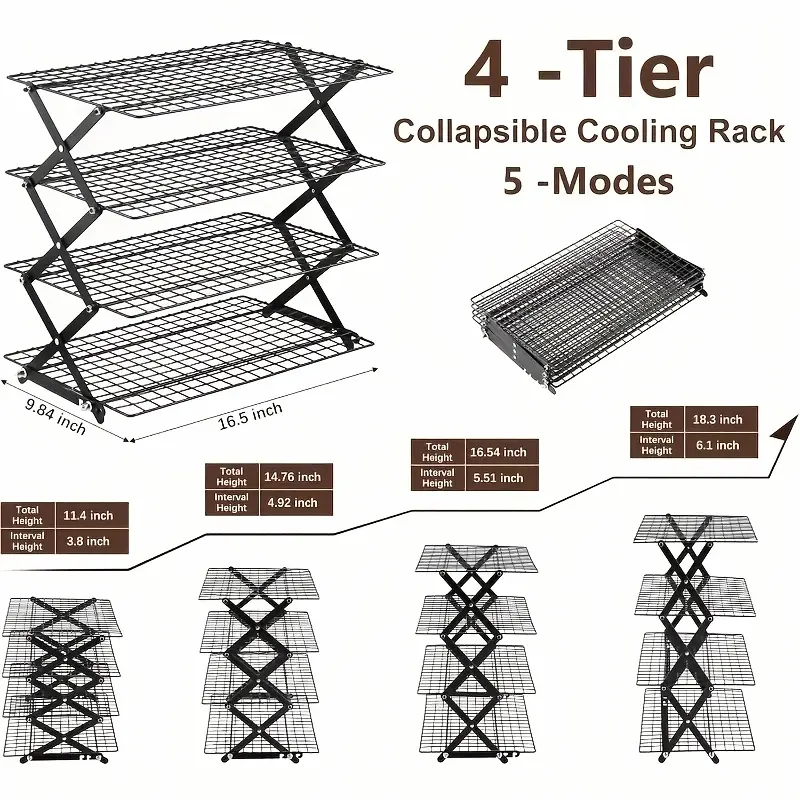 4-Tier Foldable Cooling Rack, Baking Pan Wire Rack, Outdoor Picnic Rack, Adjustable 4 Setting Designs, Collapsible Food Display Stand, Multi-Purpose Serving Tray, Camping Grill for for Baking, Roasting, Grilling, Picnics, with 20pcs Parchment Paper