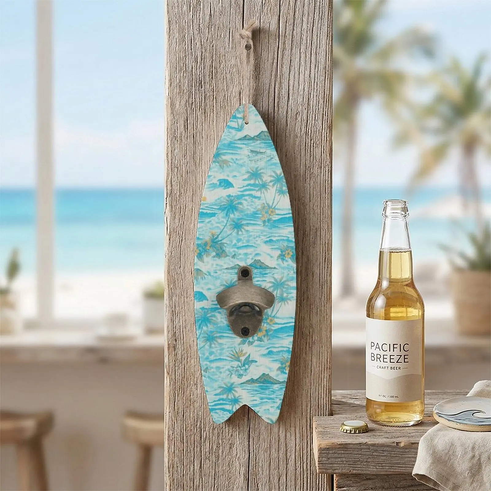 Vintage Surfboard Wooden Wall Mounted Bottle Opener - Decorative Rustic MDF Wood Beer Opener with Hanging Rope - Retro Beach Theme Wall Art Decor for Home Bar Club Cafe Restaurant Kitchen - Creative DIY Gift for Men Friends