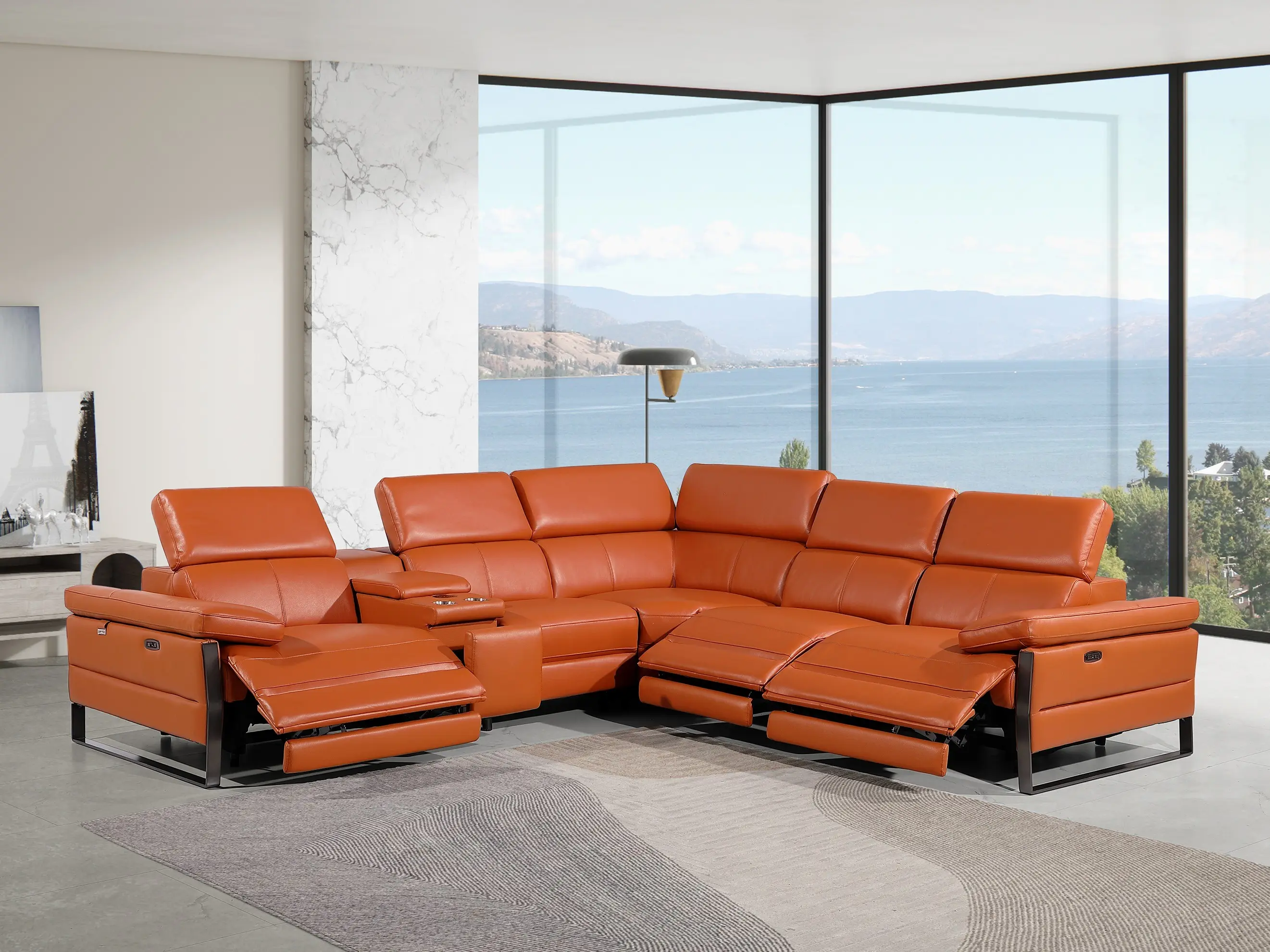 Global United Power Recliner Sectional Sofa Set - 6-Piece Divanitalia Camel Italian Leather Sofa with 1246CM Size, Adjustable Headrests & Wireless Charging
