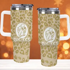 Buc-ee’s Leopard Print Insulated Tumbler with Handle and Straw Lid – 40oz Stainless Steel Travel Mug, Stylish Cheetah/Leopard Print Travel Cup