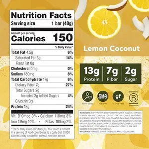 Simply Protein - Lemon Coconut Crispy Bars - Plant Based Protein Bars - Low Carb, Low Sugar, High Fiber - 13g Protein, 2g Sugar, 7g Fiber - Vegan, Gluten Free, Non GMO, Kosher - 8 Bars