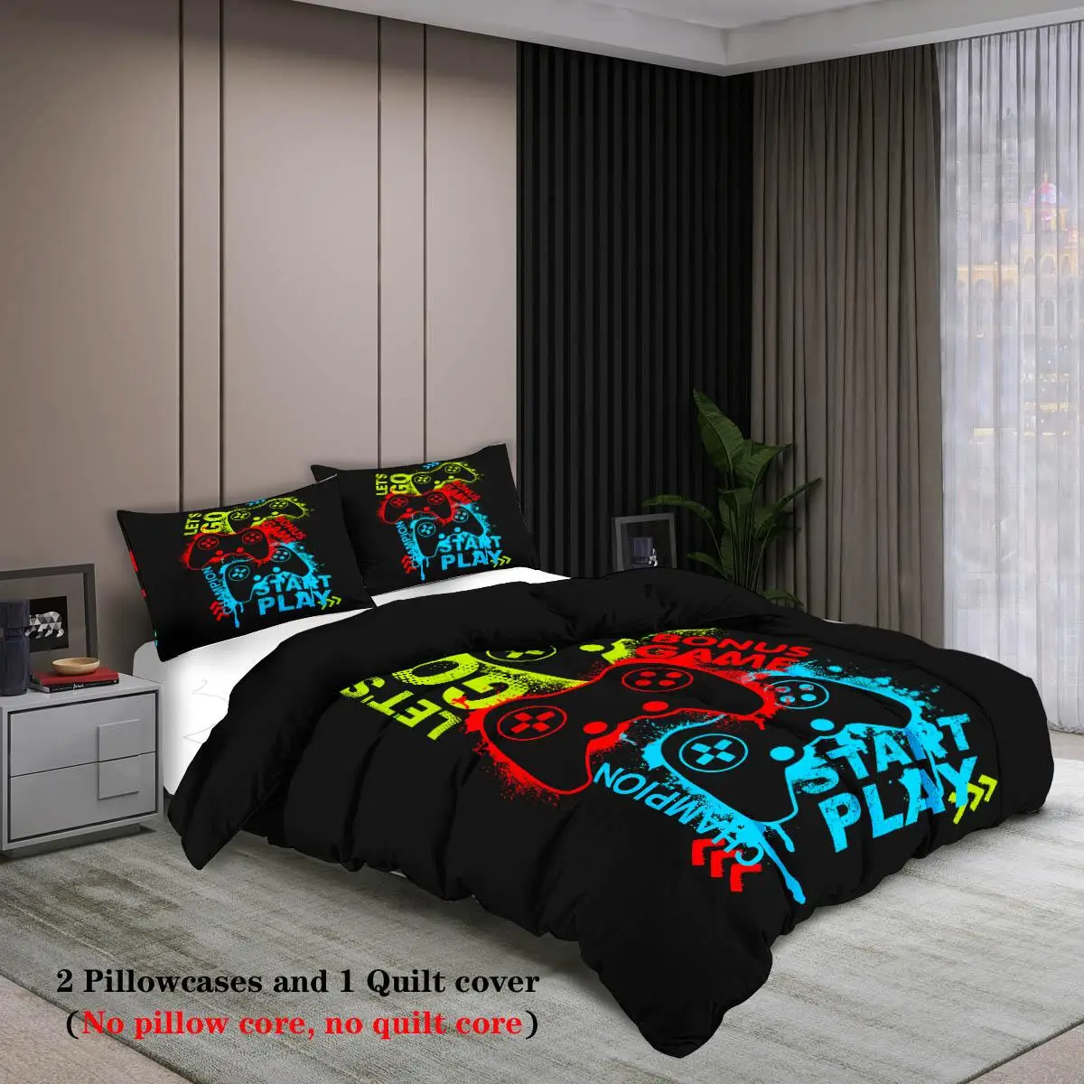 Game Console Pattern Duvet Cover Set, 3 Counts/set Including 1 Count Duvet Cover & 2 Counts Pillowcase without Filler, Soft Comfortable Bedding Set fo