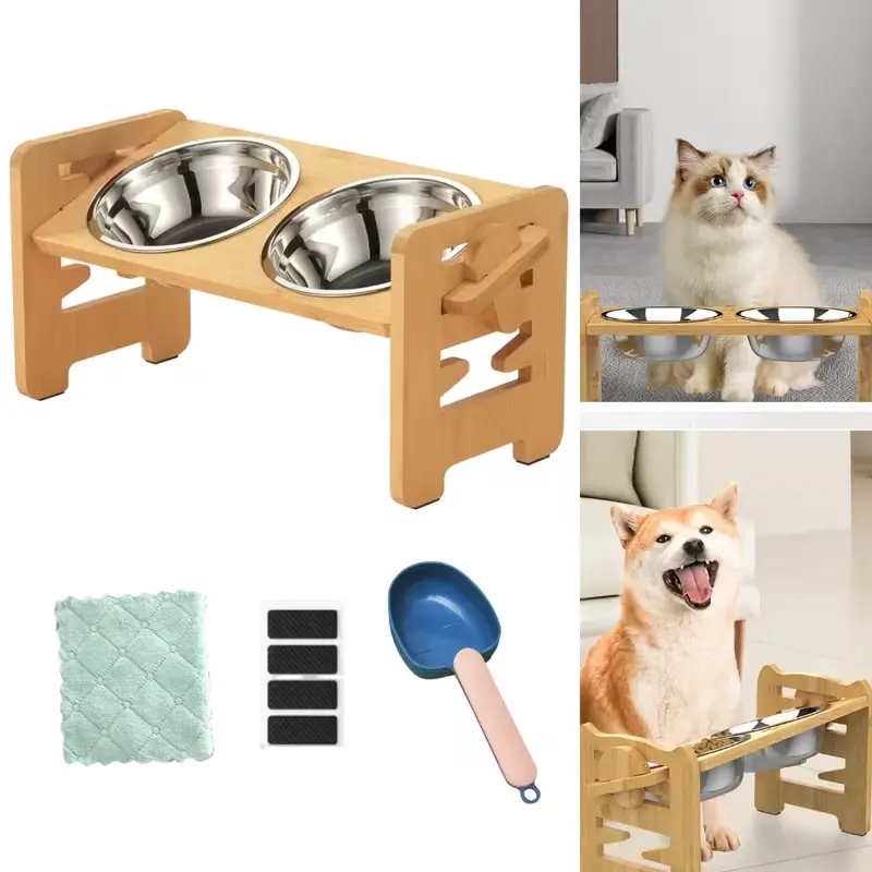Dog Feeding Bowl, Adjustable Raised Dog Food Bowl Stand for Small Dogs And Cats, Durable Bamboo Feeder with 2 Stainless Steel Bowls, with Spoon And Cloth