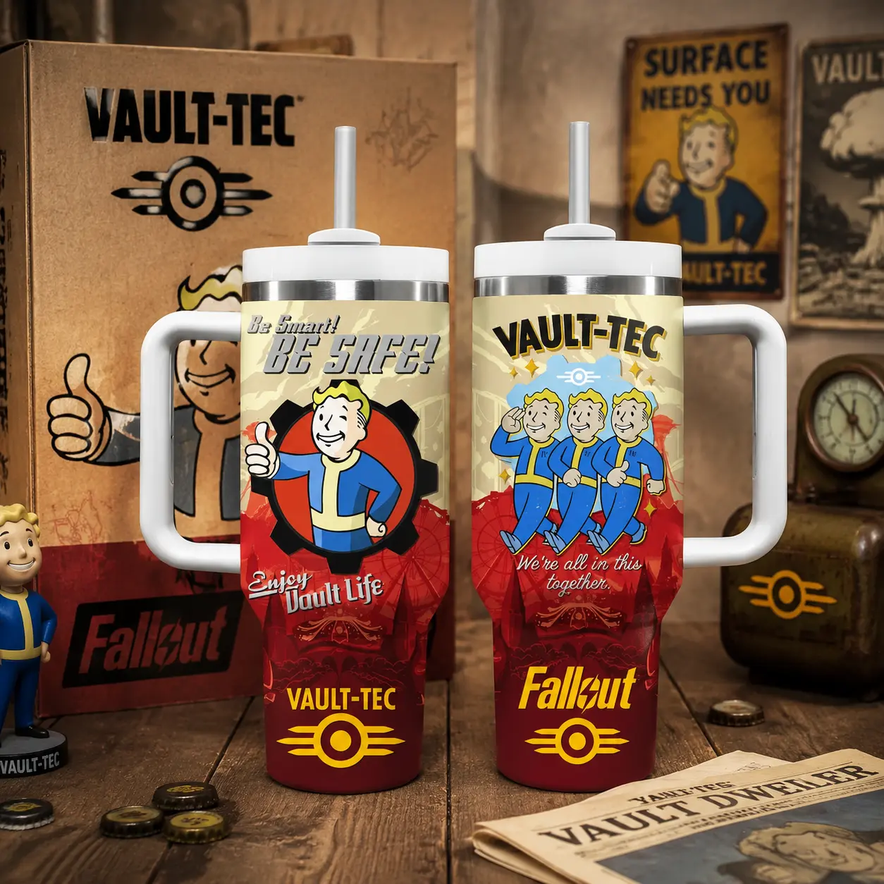Fallout Vault Boy 40oz Tumbler with Handle & Straw |   Insulated Vault-Tec Water Bottle |   Gamer Merch Gift |   Enjoy Vault Life